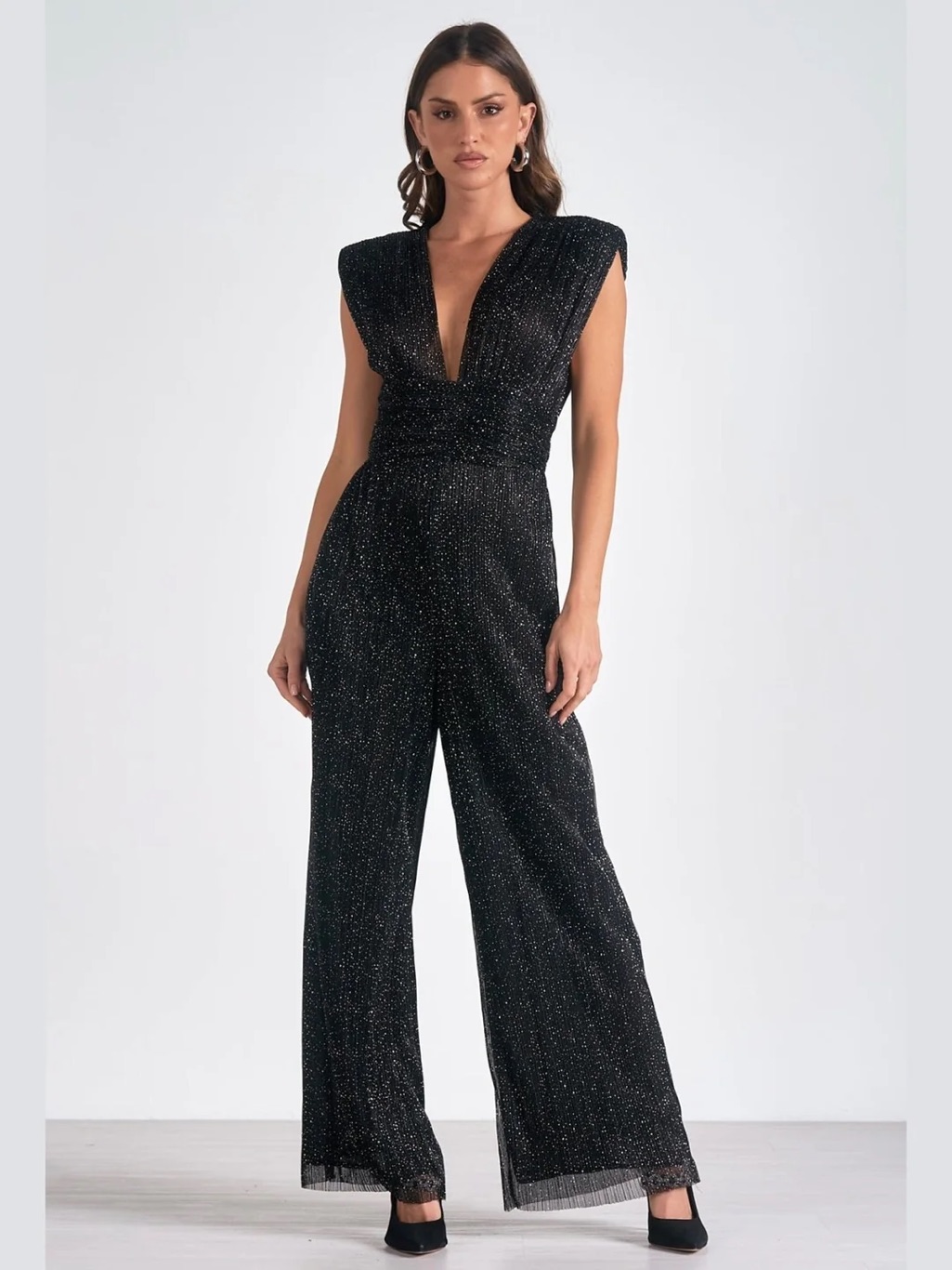 Black Metallic Glitter Plunge Wide Leg Party Jumpsuit L Glam Nye Holiday Party